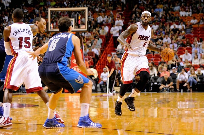 Nov 15, 2013; Miami, FL, USA; Miami Heat small forward LeBron James (6) dribbles against...