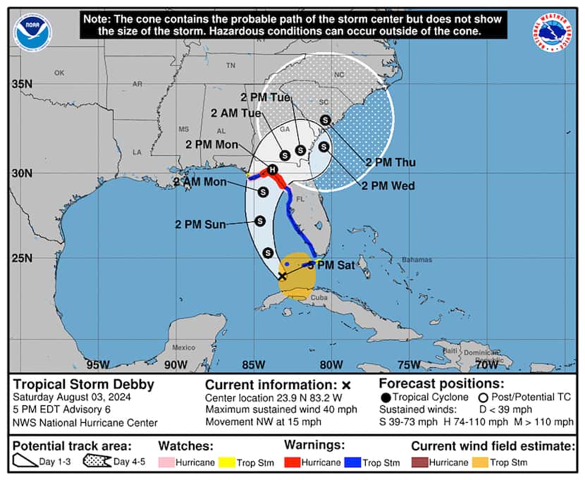 Tropical Depression Debby's cone of uncertainty as of 4 p.m. Dallas time on Saturday, Aug....