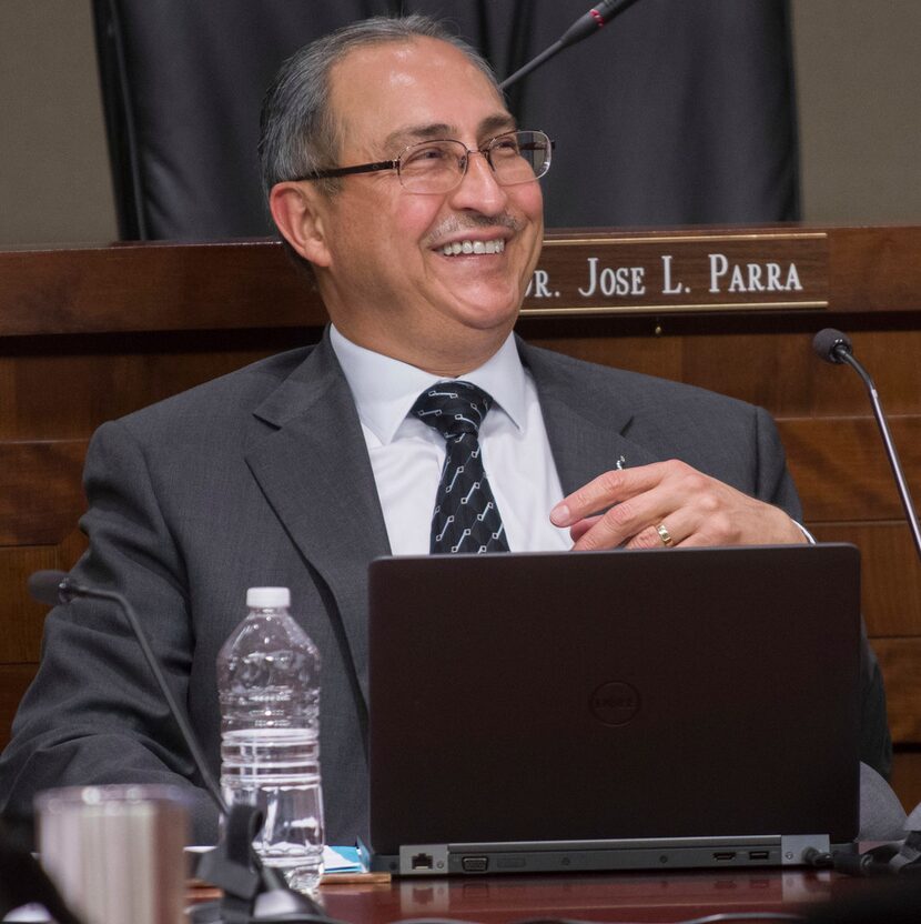 Irving ISD Superintendent Jose Parra sits at a school board work session before the board...