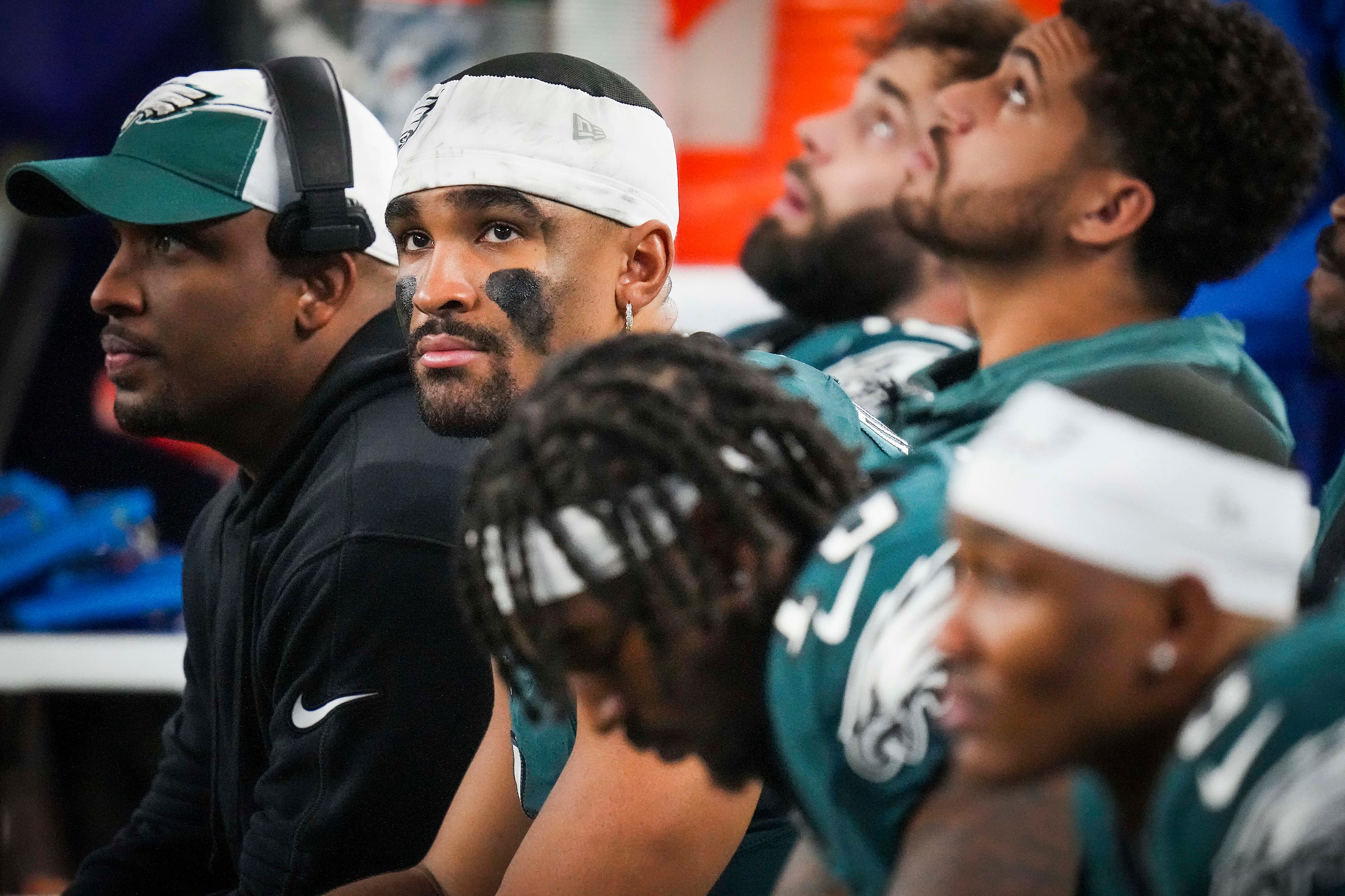 Philadelphia Eagles quarterback Jalen Hurts looks on from the bench during the fourth...