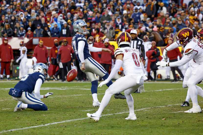 The Washington Commanders block a field goal attempt by Dallas Cowboys place kicker Brandon...