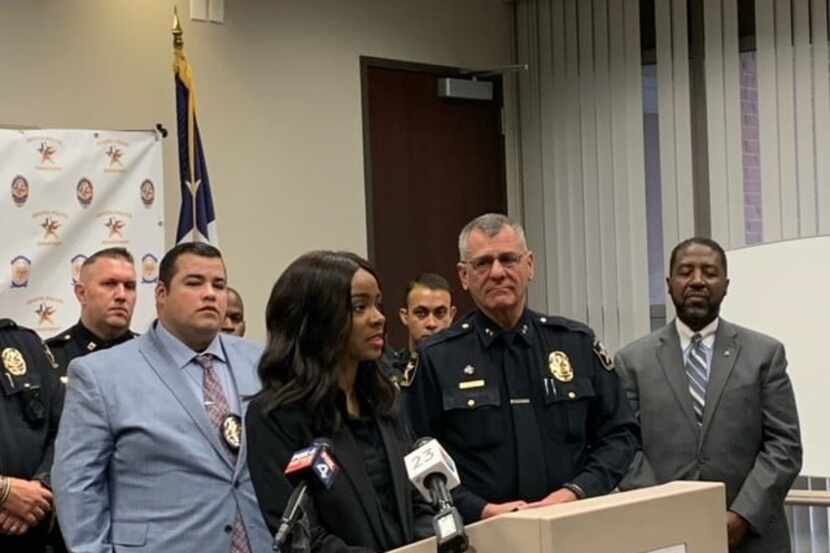 Mayor Rachel Proctor speaks during a news conference in DeSoto, Texas, on Saturday, May 22,...