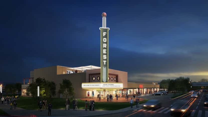 A rendering of the future Forest Theater at night.