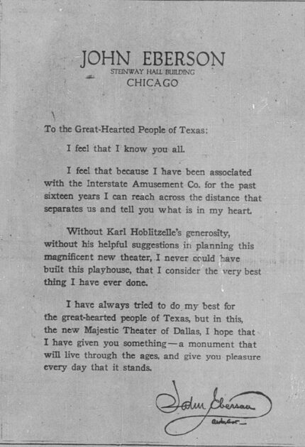 A letter found in The Dallas Morning News from architect John Eberson who designed the new...