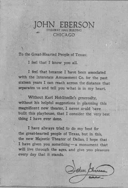 A letter found in The Dallas Morning News from architect John Eberson who designed the new...