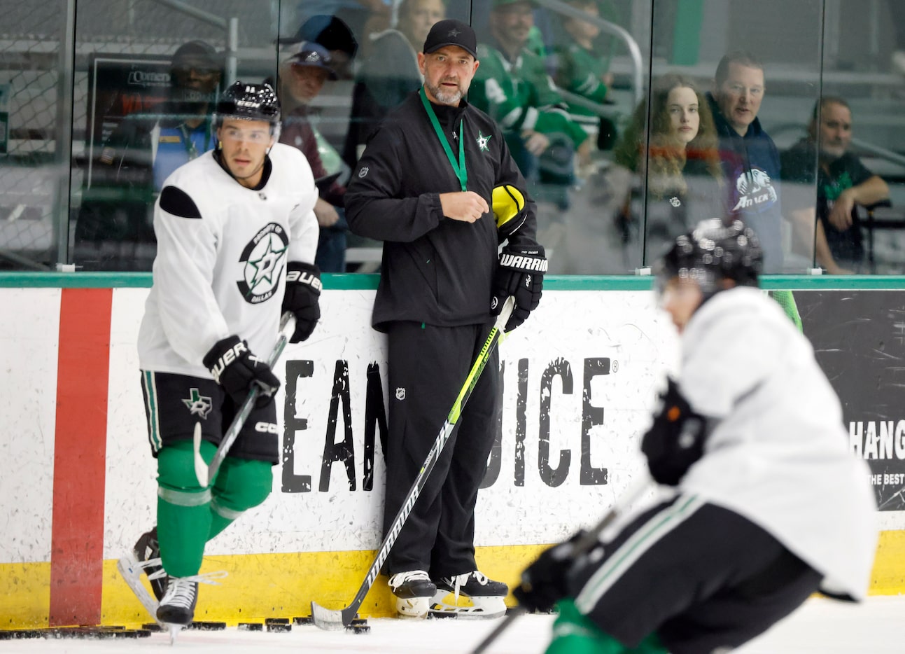 Dallas Stars head coach Peter DeBoer watches his team run drills during a training camp...