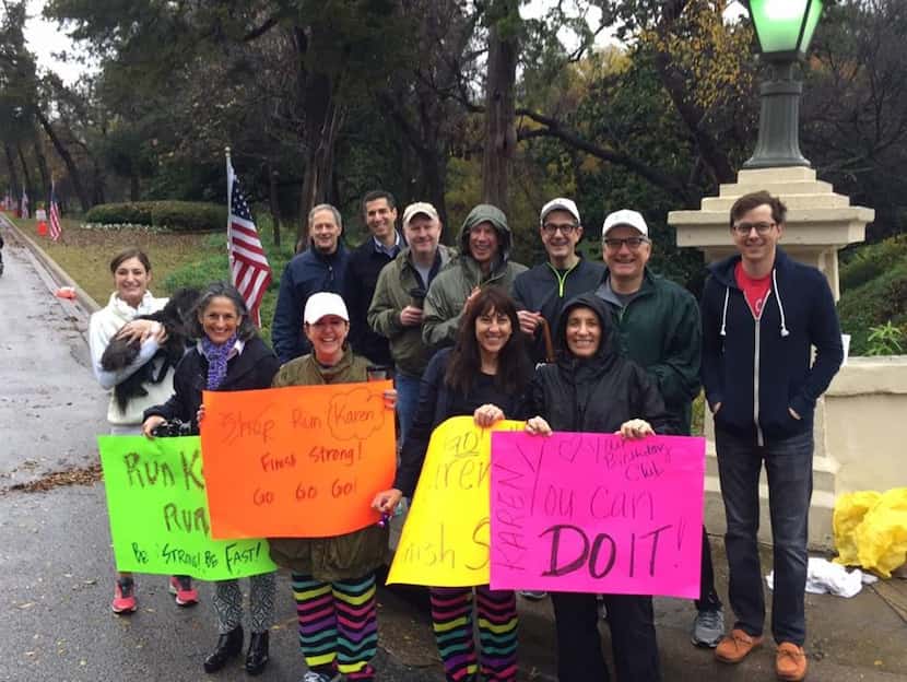 "Team Karen" cheered on Karen Katz when she ran the Dallas Marathon in December 2015.