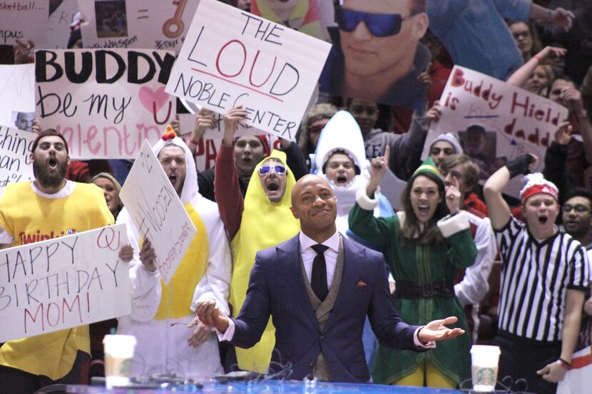 College Gameday analyst Jay Williams stands in front of OU's students before the live airing...