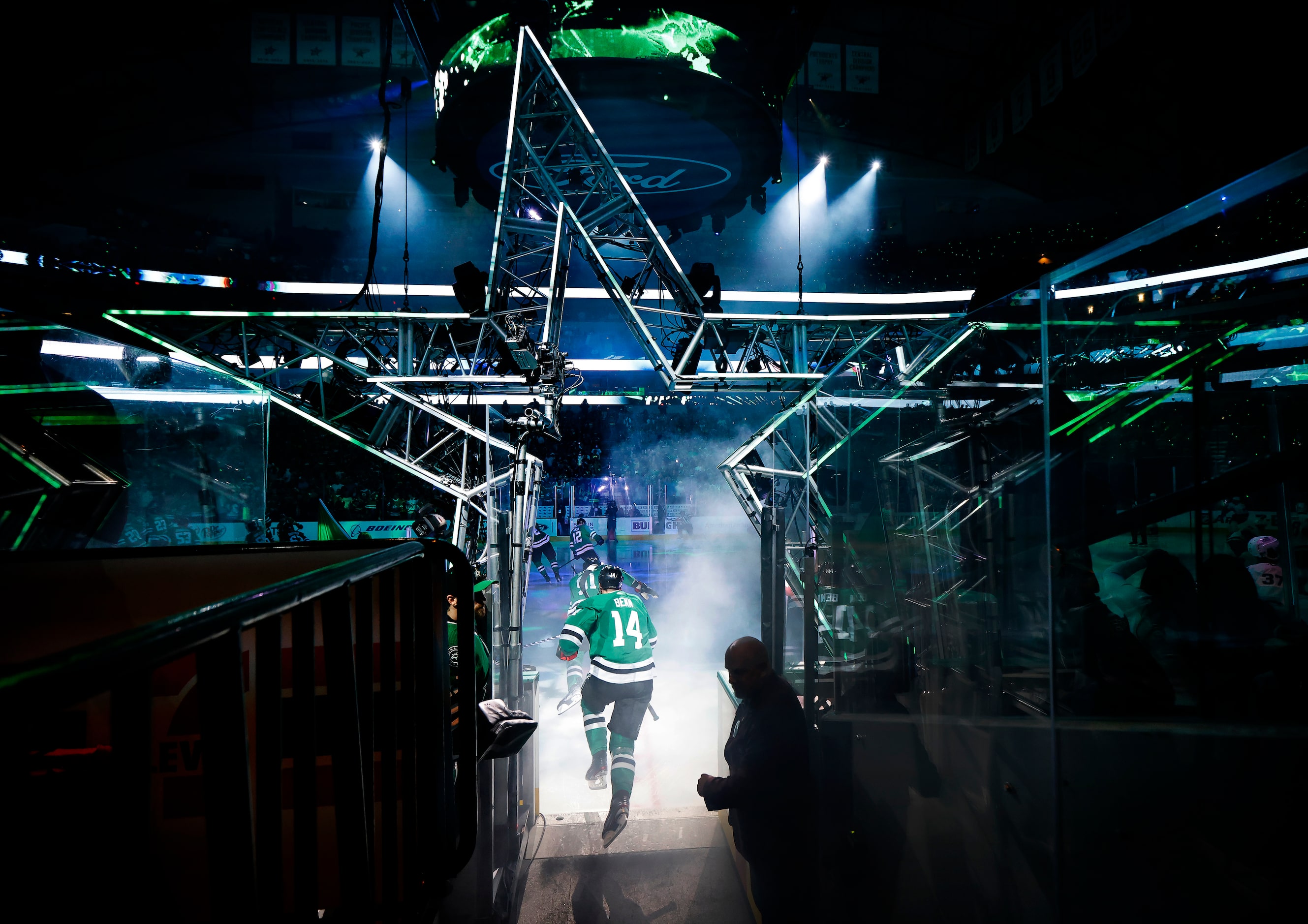 Dallas Stars left wing Jamie Benn (14) takes the ice during introductions before Game 1 of...