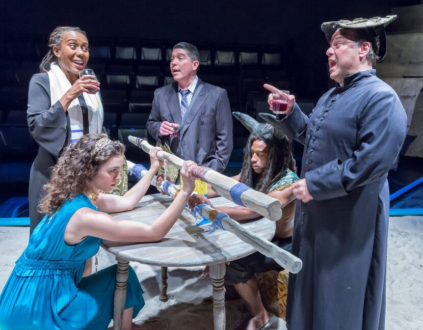 Renee Jones, left, plays a rabbi and David Lugo, a lawyer. Seated are Cora Grace Winstead as...