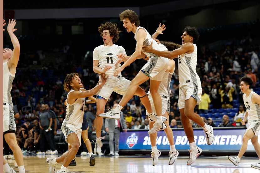 Plano East celebrates after defeating Round Rock Stony Point 53-41 in the UIL Class 6A boys...