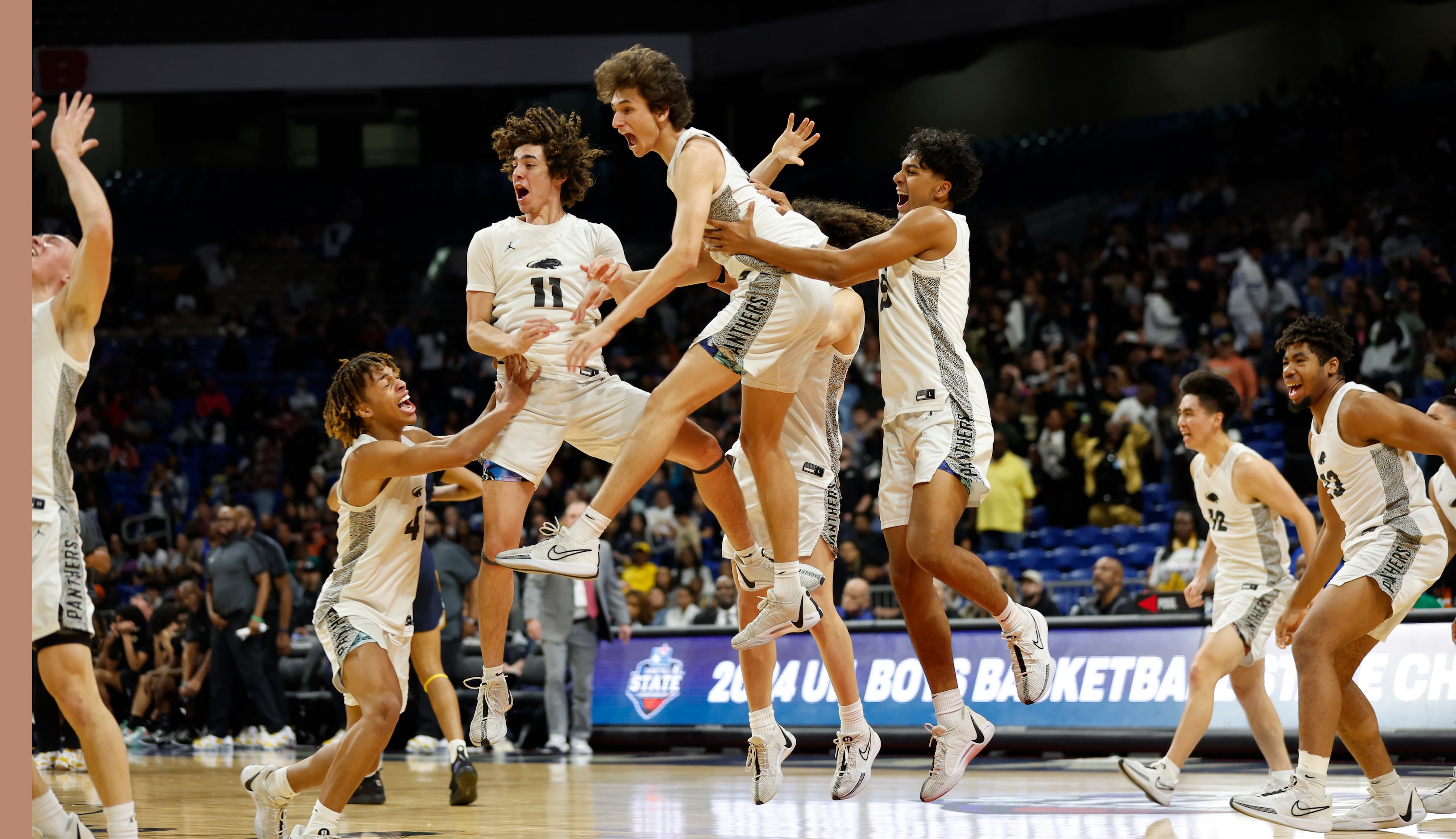 Plano East celebrates after defeating Round Rock Stony Point 53-41 in the UIL Class 6A boys...