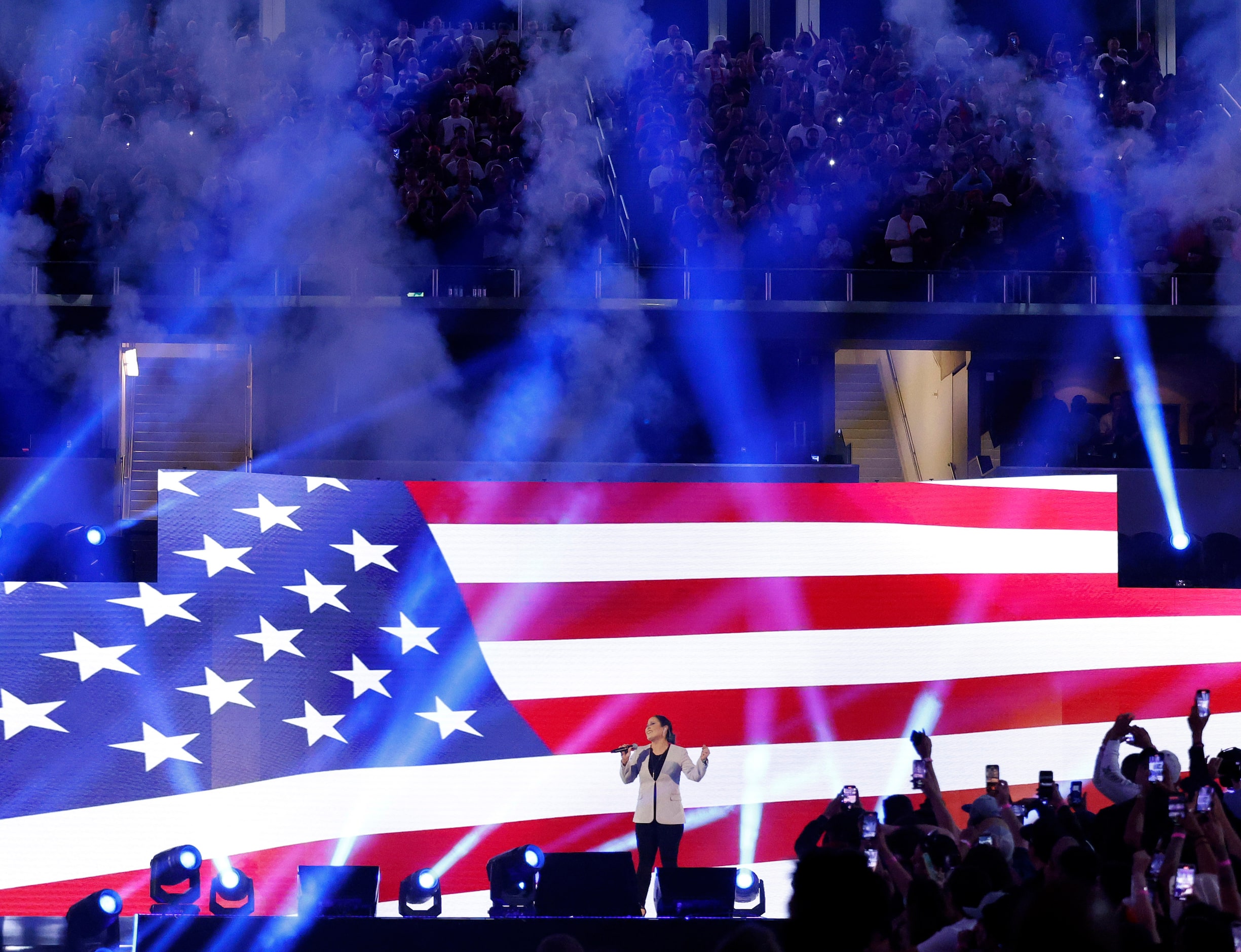 American Tejano/Latin pop singer and actress Jennifer Peña sang the U.S. national anthem...