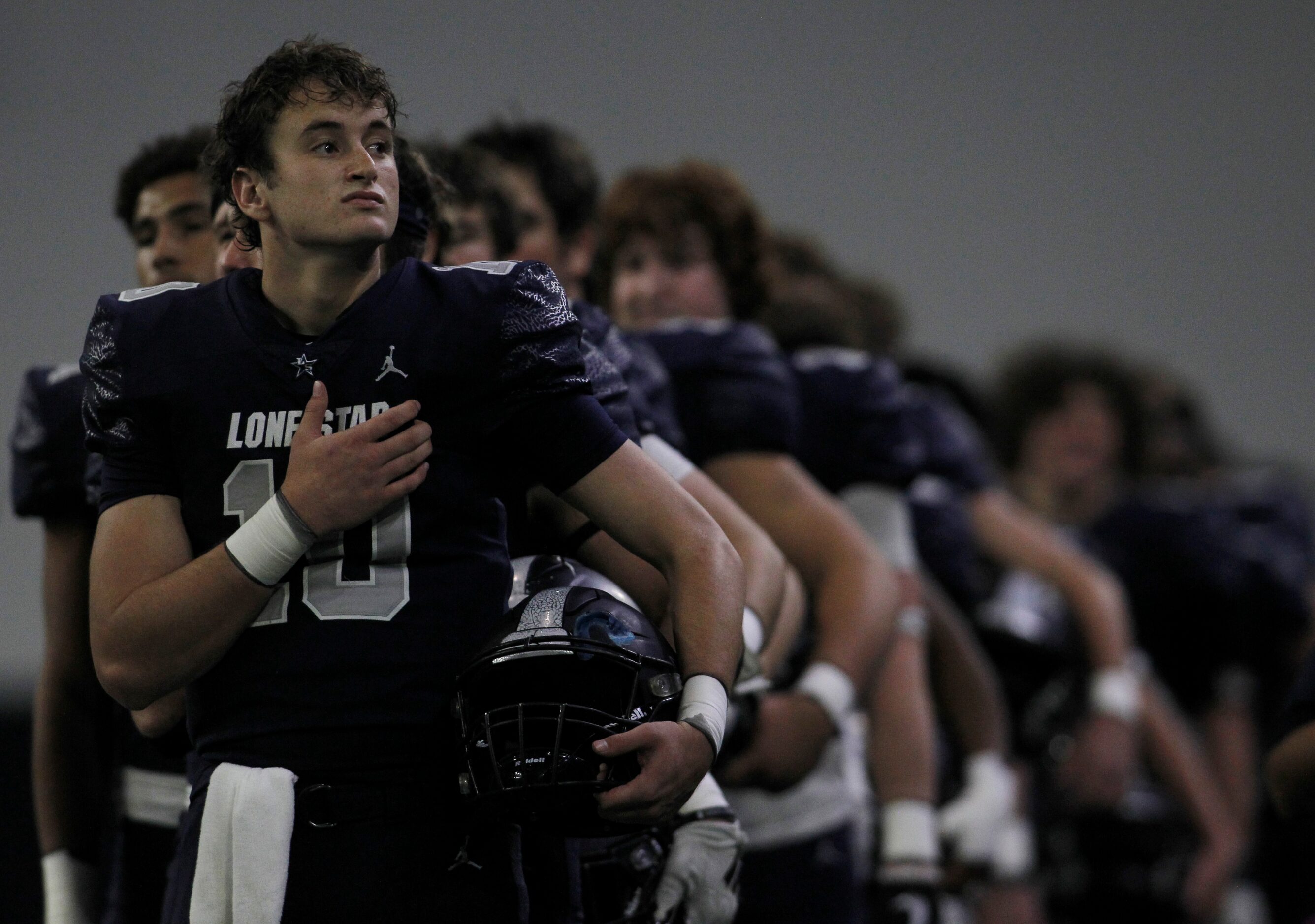 Frisco Lone Star quarterback Collin Blackstock (10) and the other members of the Rangers...