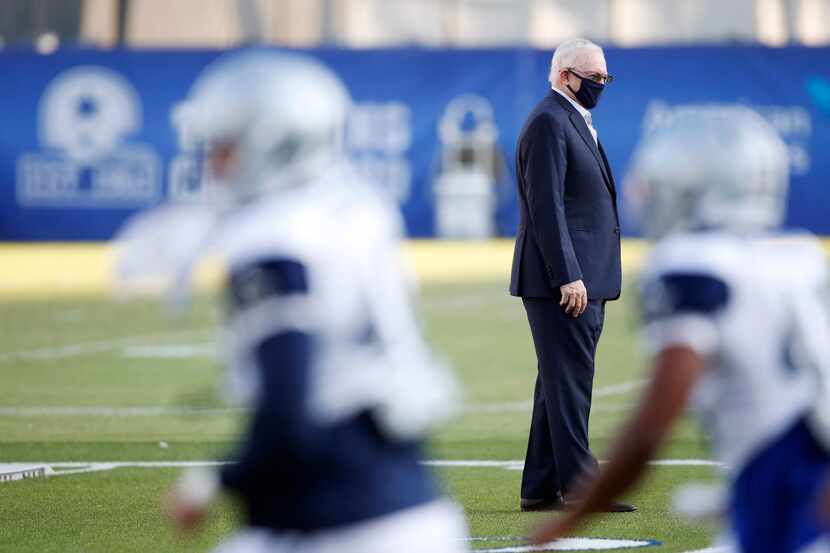 Dallas Cowboys owner and general manager Jerry Jones watches practice during training camp...