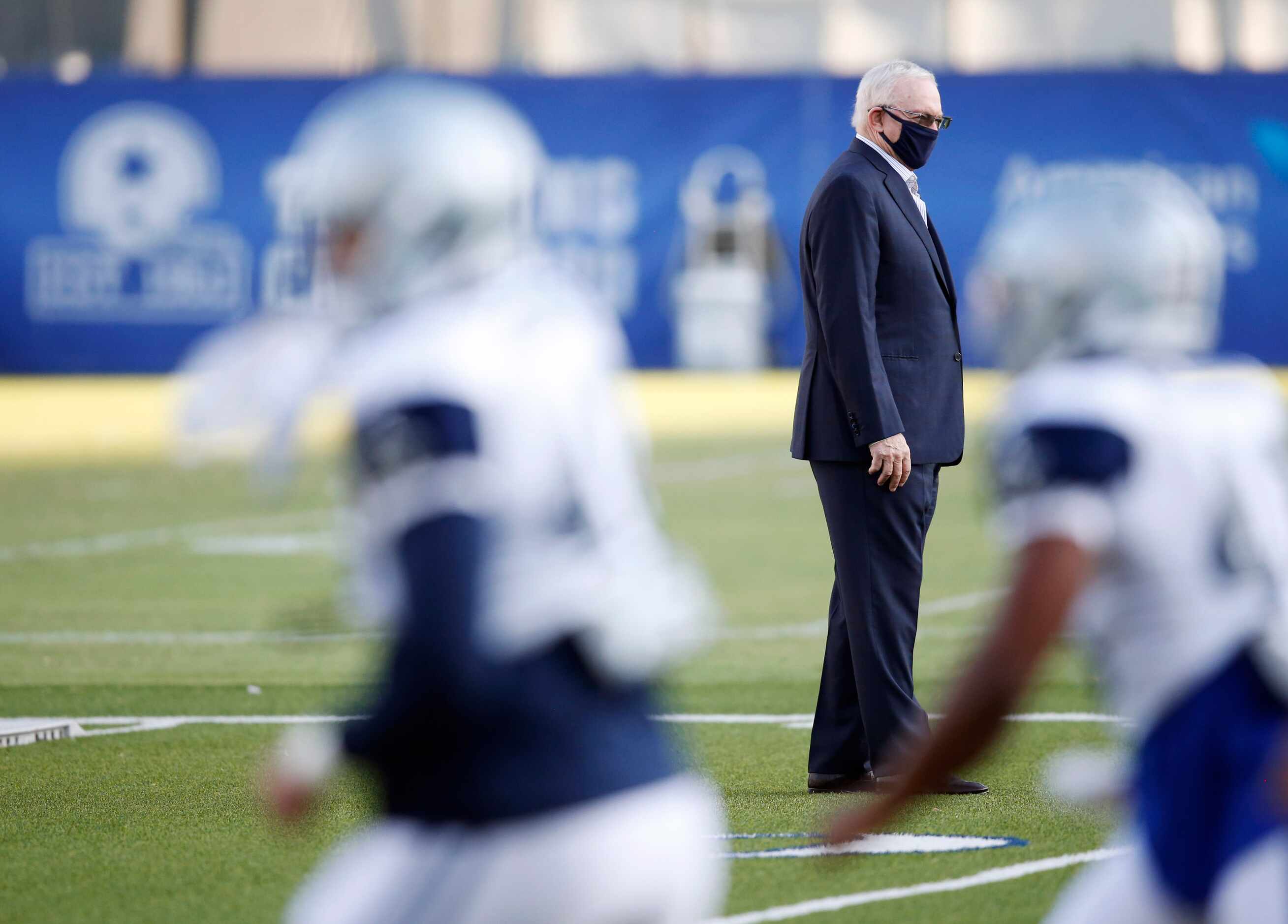Dallas Cowboys owner and general manager Jerry Jones watches practice during training camp...