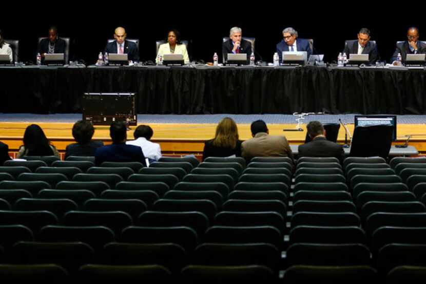The DISD school board, during the public forum at Emmett J. Conrad High School in Dallas on...