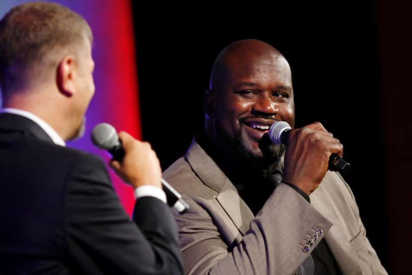 Shaquille ONeal speaks in a Q&A with Jeff Wade at a Southern Methodist University Forum and...