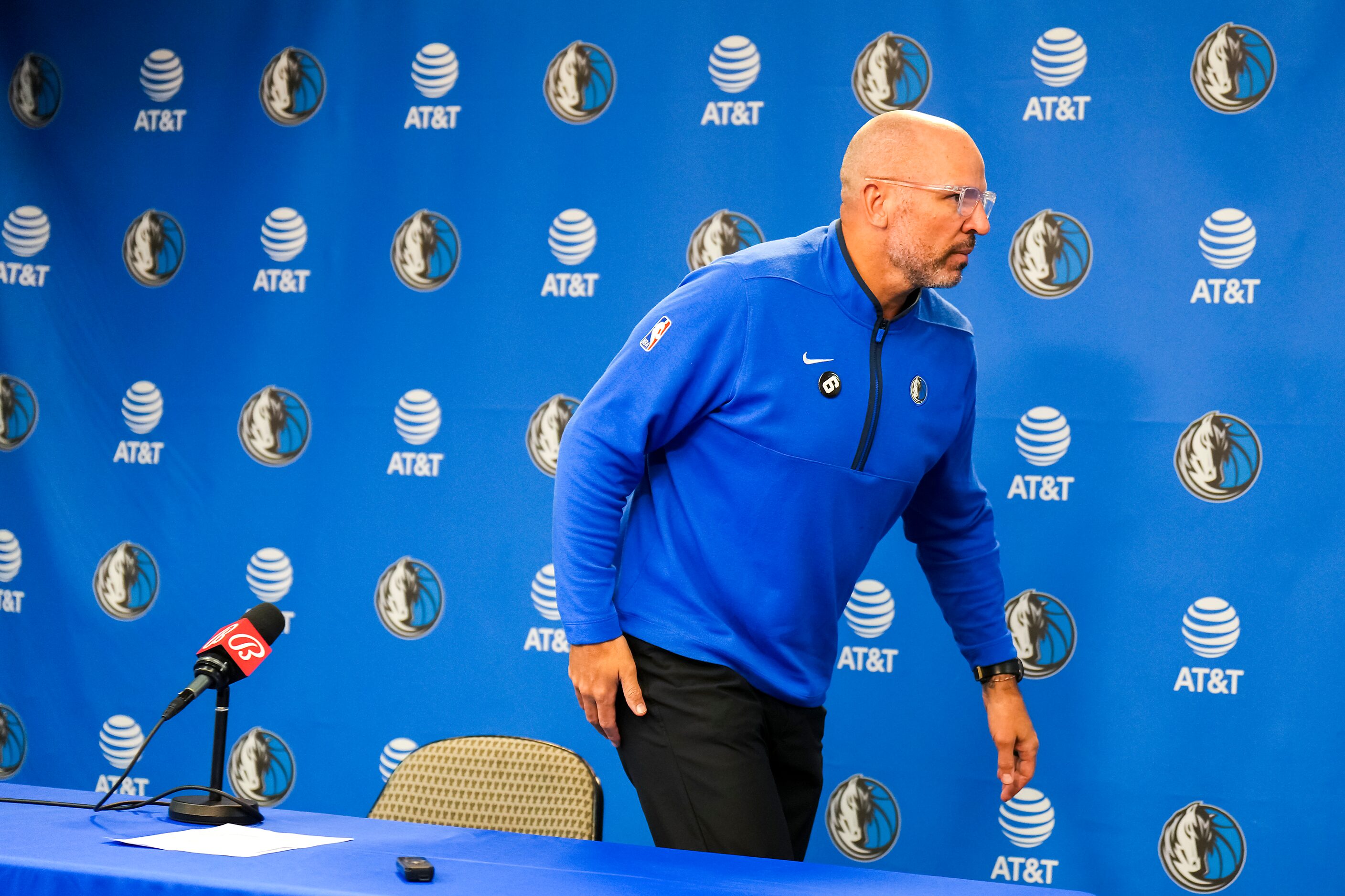 Dallas Mavericks head coach Jason Kidd addresses reporters following a season-ending loss to...