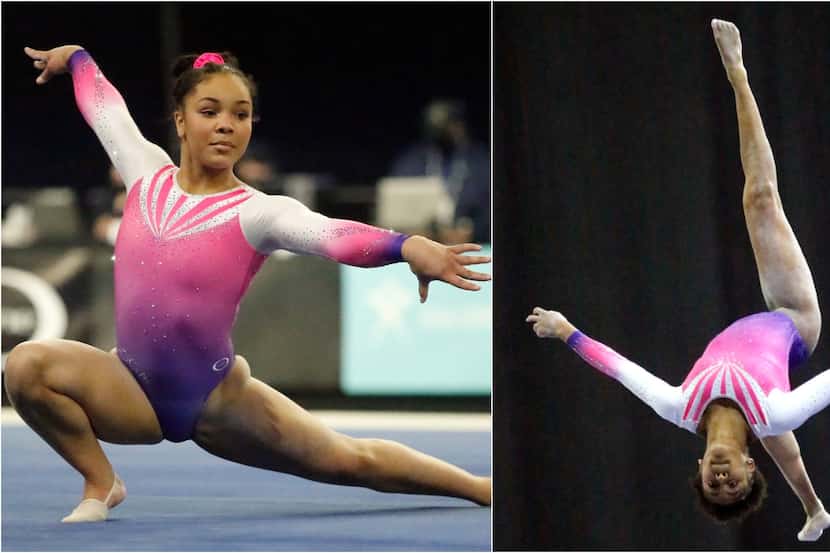 (Left) Konnor McClain with WOGA Gymnastics of Plano performs her floor routine. (Right) Skye...