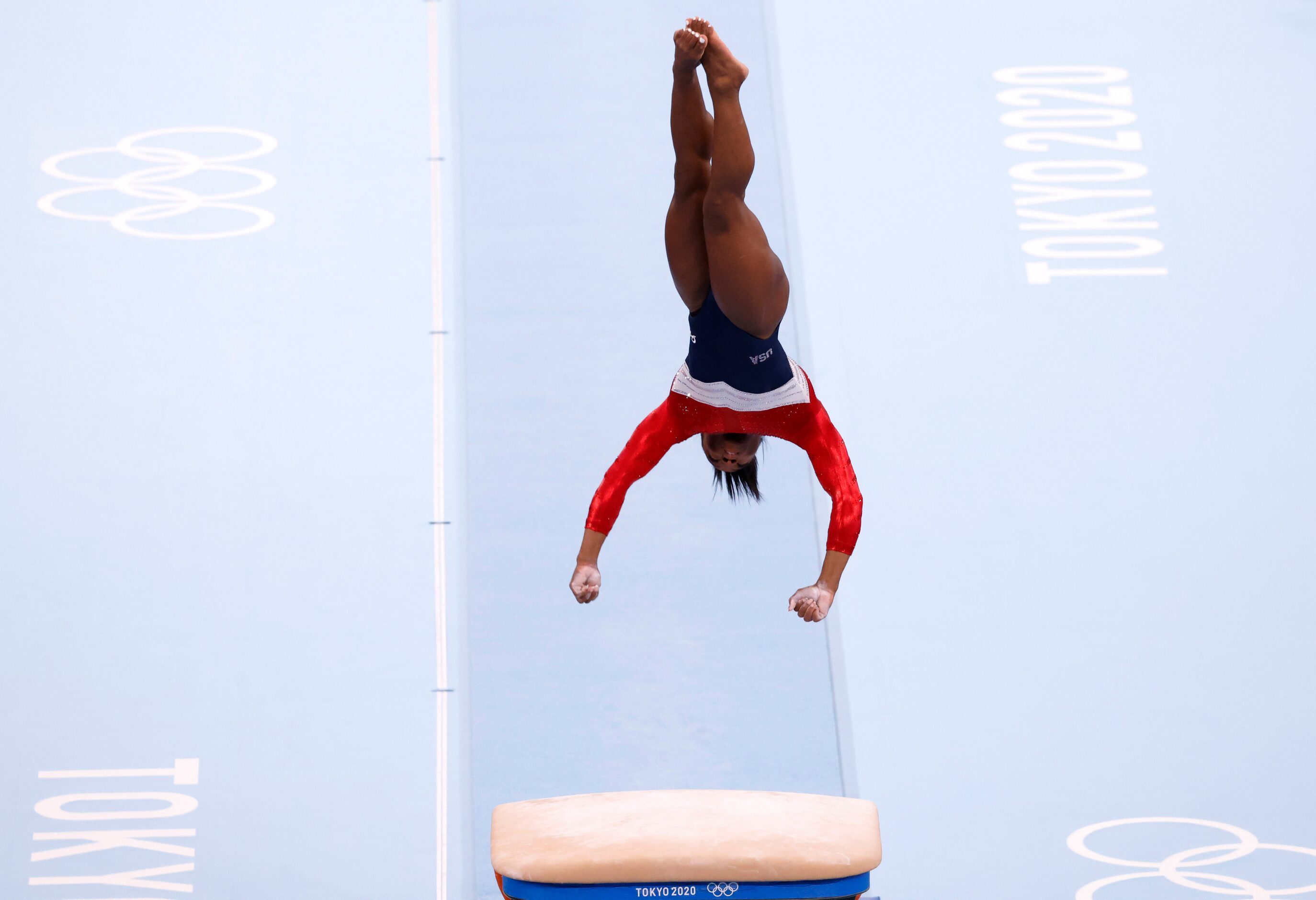 USA’s  Simone Biles competes on the vault during the artistic gymnastics women’s team final...