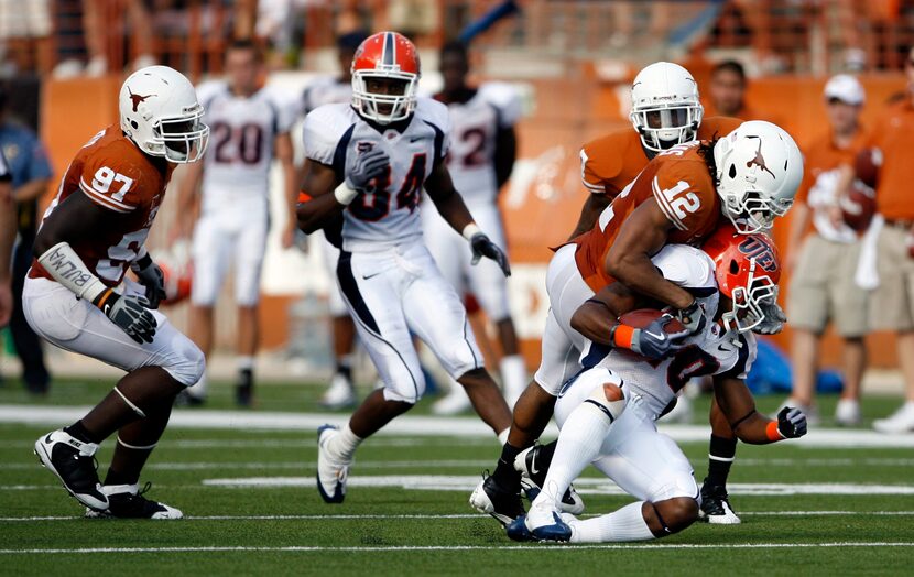 Sep 16, 2009; Austin, TX, USA; Texas Longhorns safety Earl Thomas (12) sacks UTEP Miners...