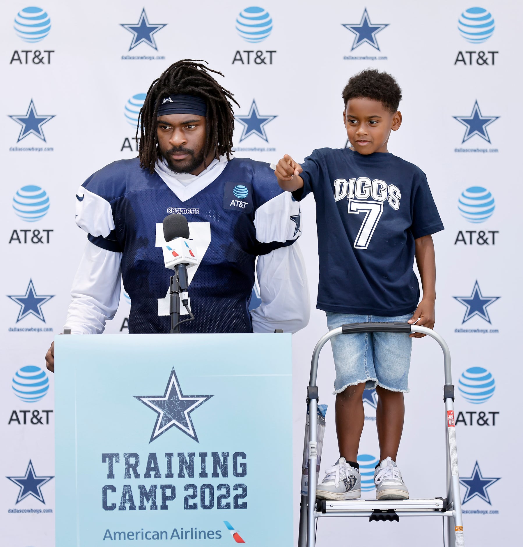 Dallas Cowboys cornerback Trevon Diggs’ son Aaiden Diggs calls on a reporter to ask a...
