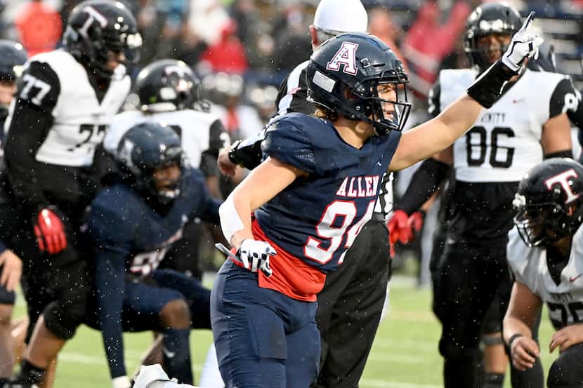 Allen’s Gabriel Milagres (94) celebrates after a fumble recovery in the second half of Class...