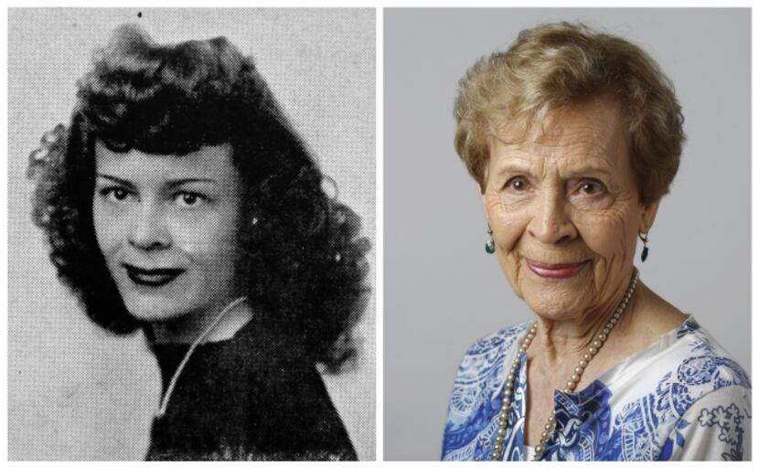 Jo Ratekin Spalti in her 1943 senior class picture and today.