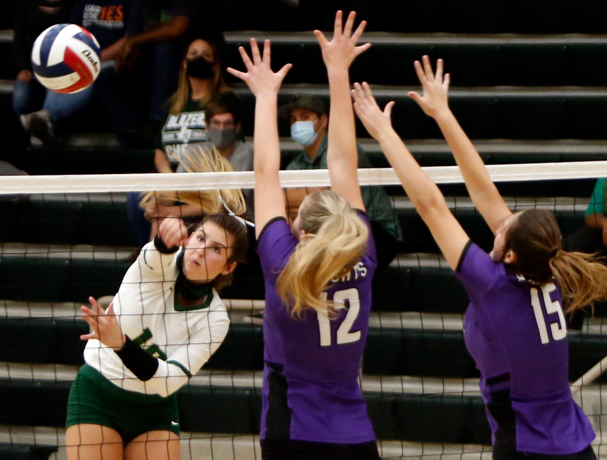 Frisco Lebanon Trail outside hitter Peyton Thompson (10) fires off a shot and scores past...