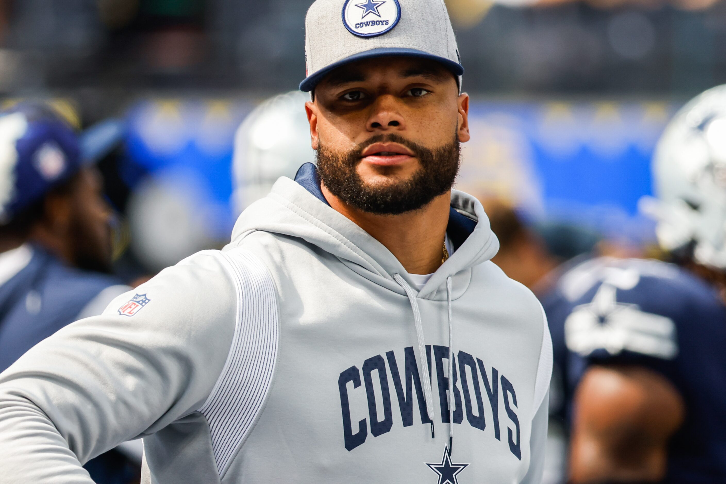 Dallas Cowboys quarterback Dak Prescott (4) during warmup at the SoFi Stadium in Los...