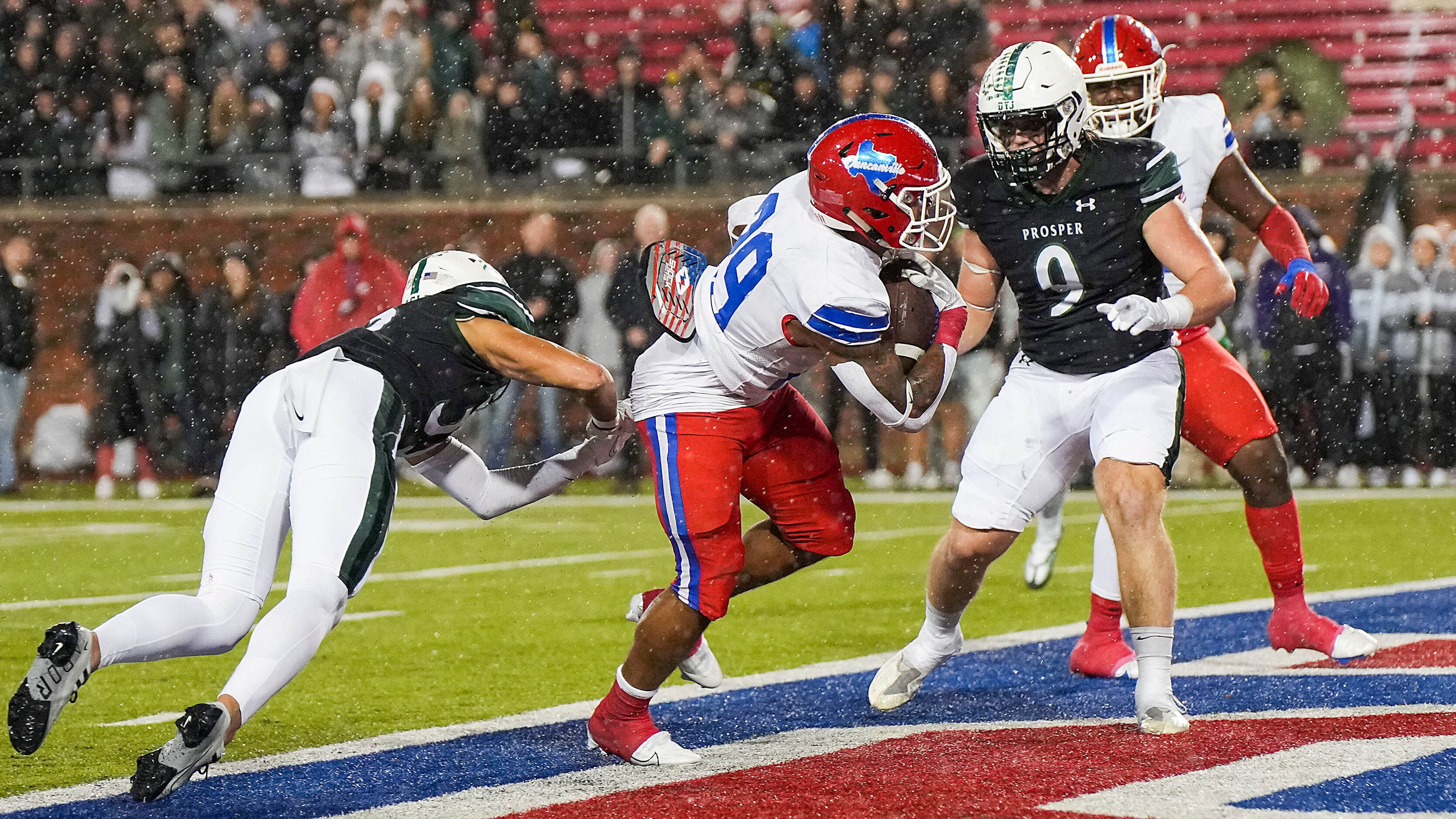 Duncanville running back Caden Durham (29) scores on a 3-yard touchdown run past Prosper...