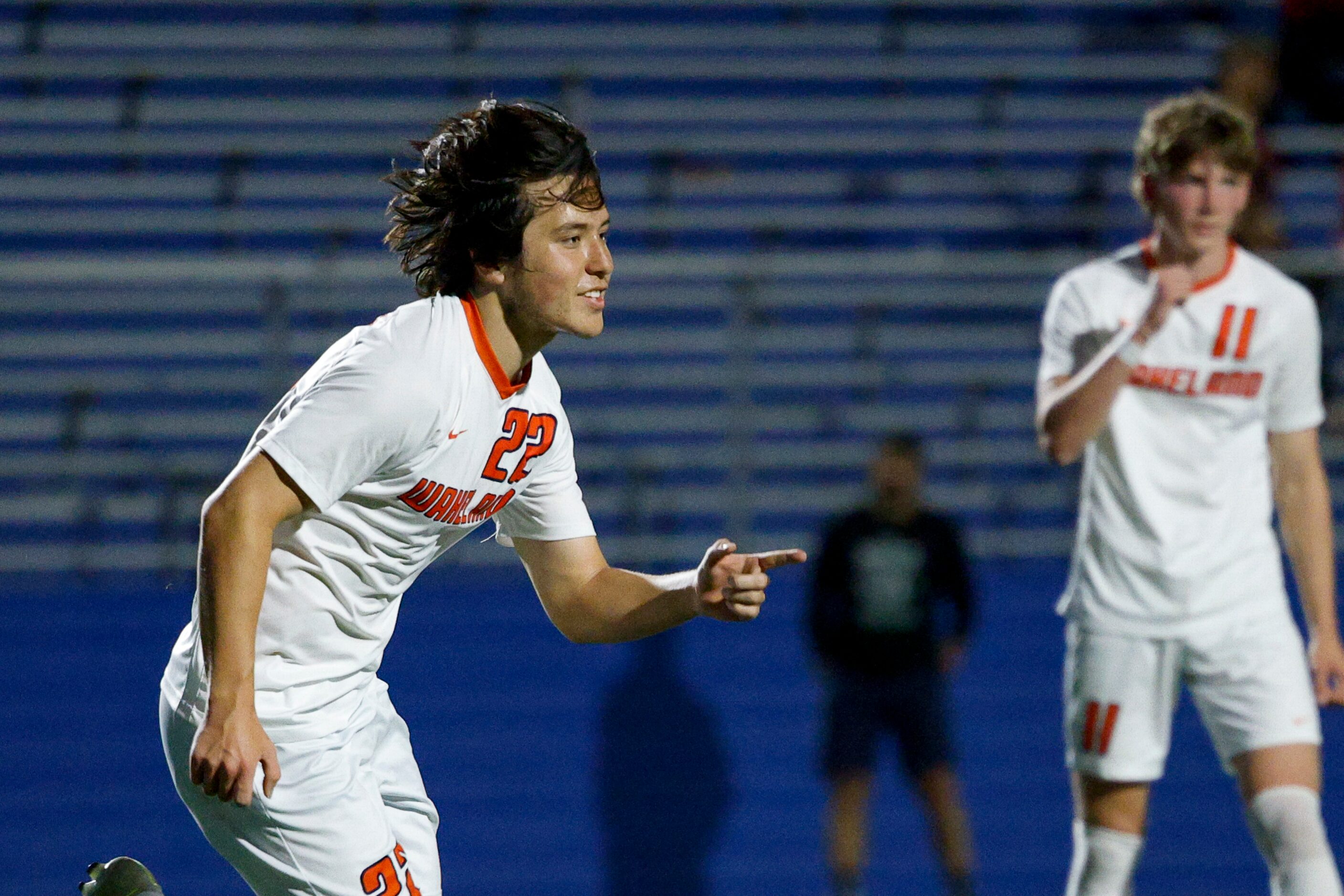 Frisco Wakeland forward Brennan Bezdek (22) celebrates after scoring a goal during the...