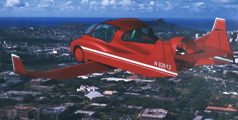 
A computer generated image of Clarence Kissell and Dr. Vernon Porter's flying car in flight.
