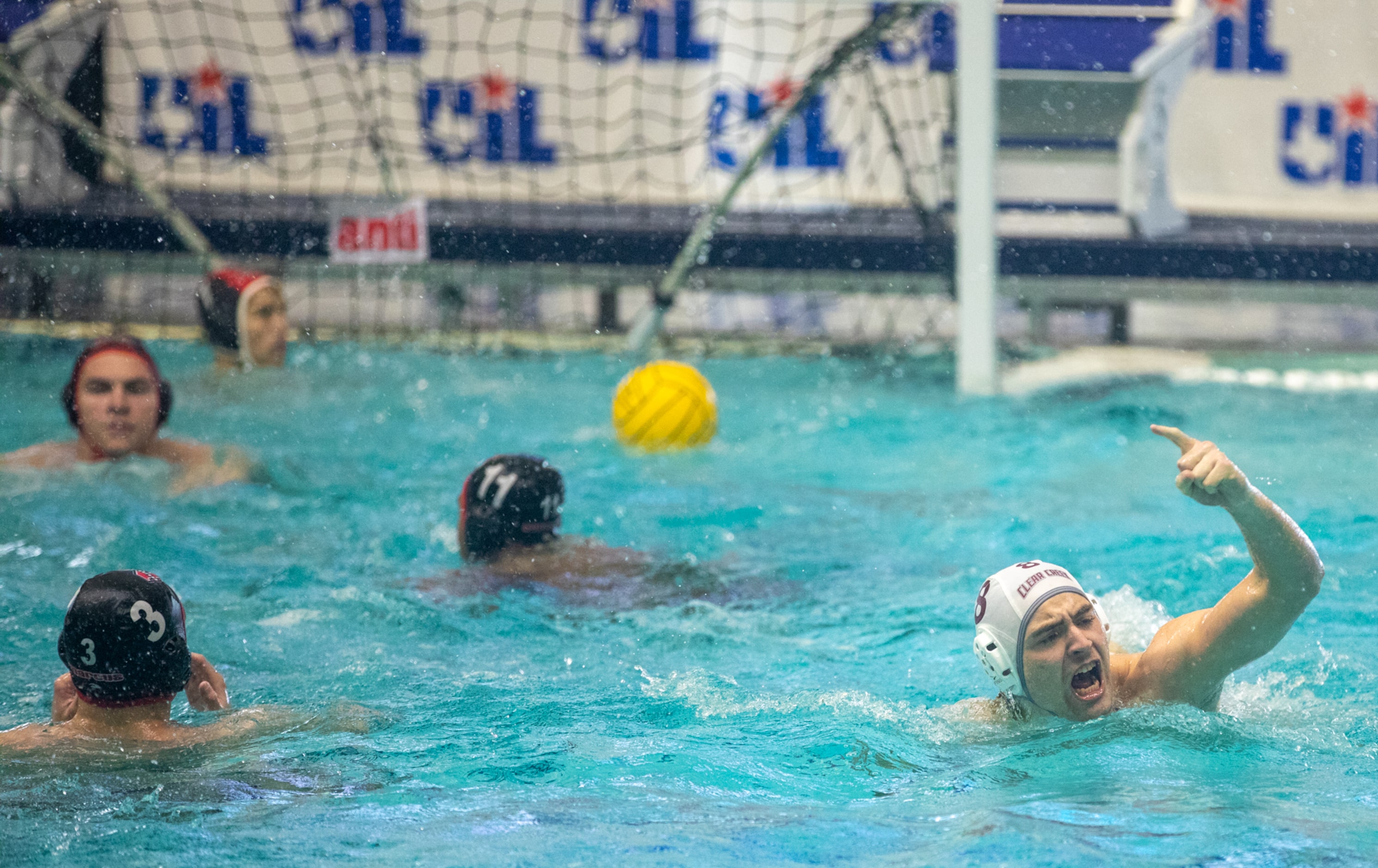 Clear Creek utility Andrew Saad celebrates after scoring against the Flower Mound Marcus...