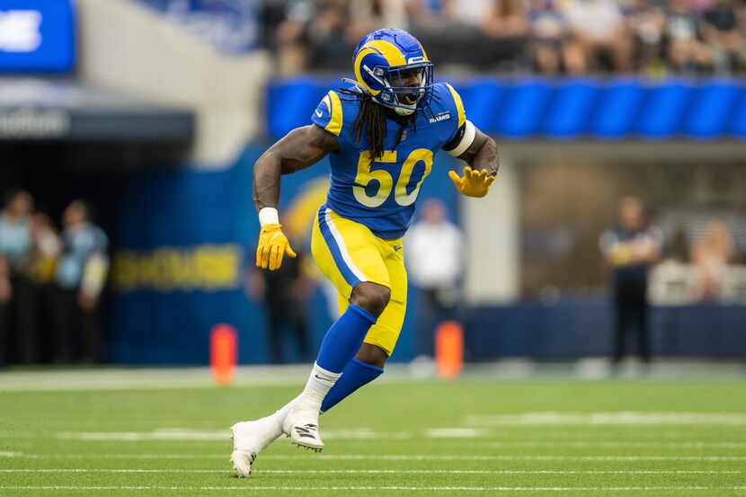 Los Angeles Rams defensive end Takkarist McKinley (50) runs during an NFL football game...
