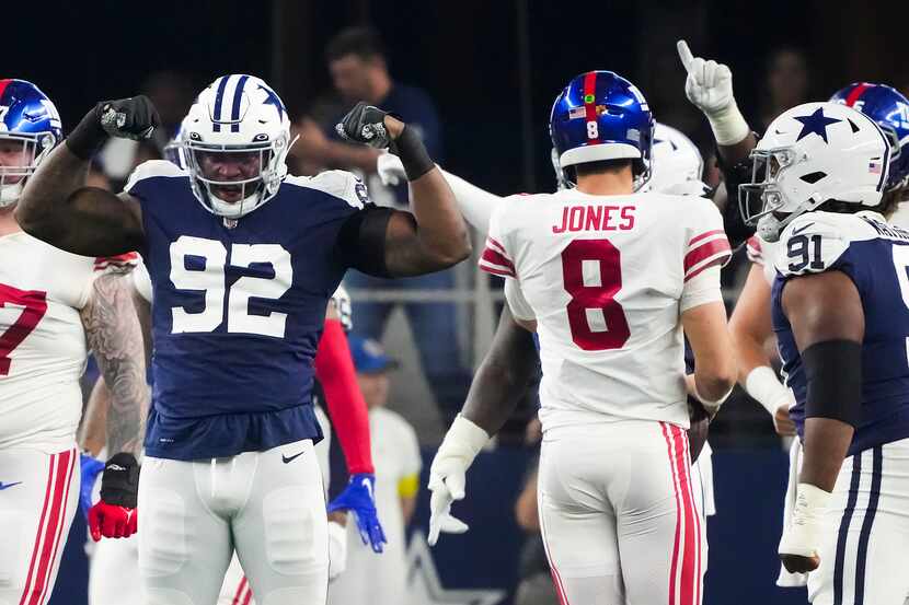 Dallas Cowboys defensive end Dorance Armstrong (92) celebrates after sacking New York Giants...
