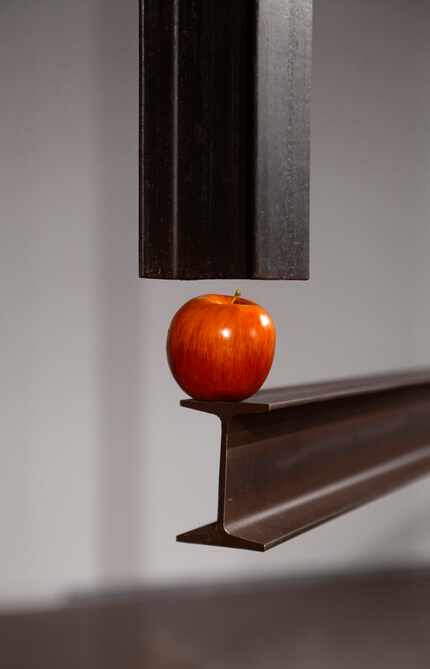 "Newton's Fault," a 2019 work, features a synthetic apple in a seemingly precarious position.