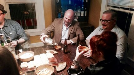 How it all began, with informal mezcal tastings. Clockwise from top: Taylor Samuels, Shad...