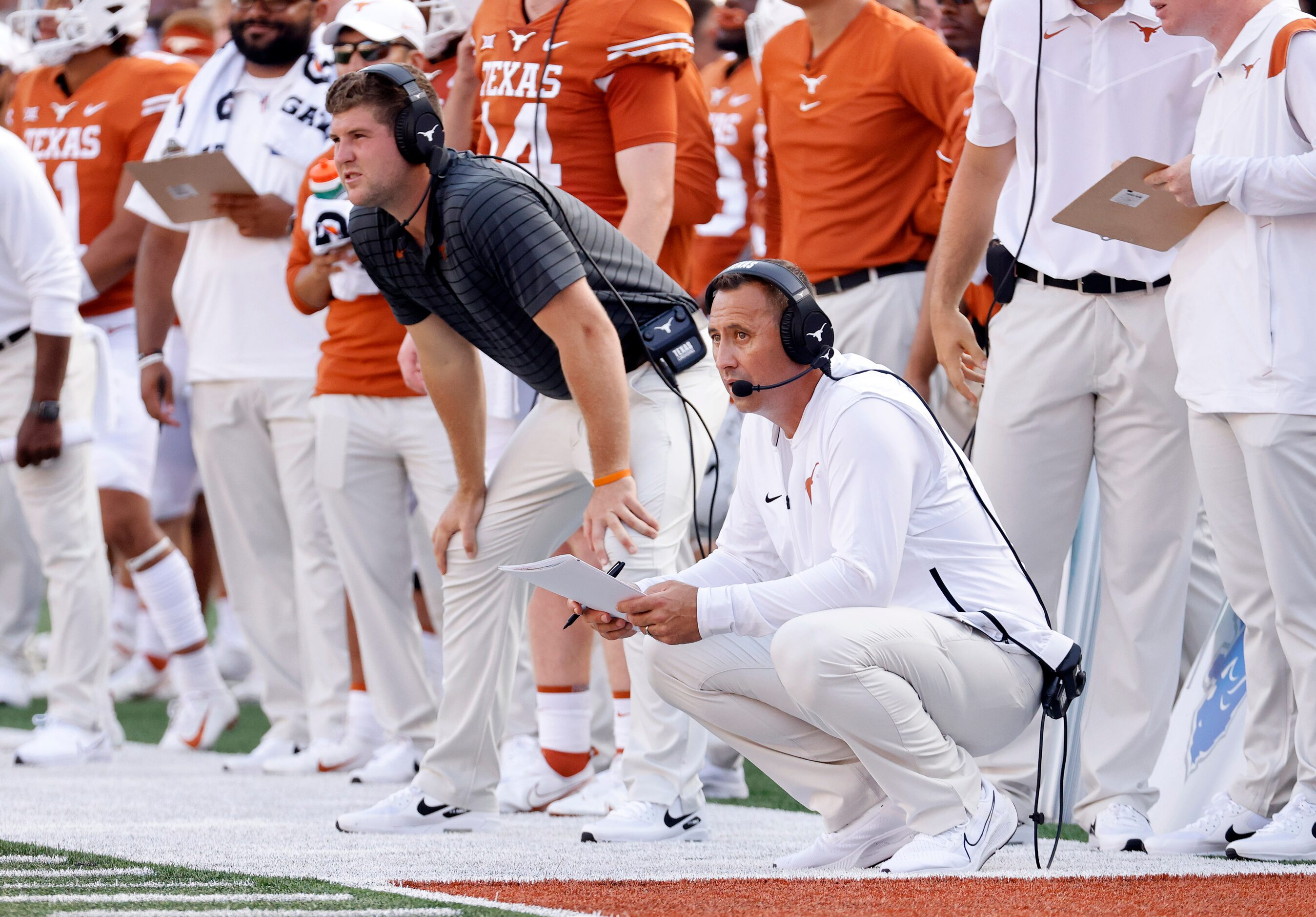 Texas Longhorns head coach Steve Sarkisian follows the play on the field as they faced the...