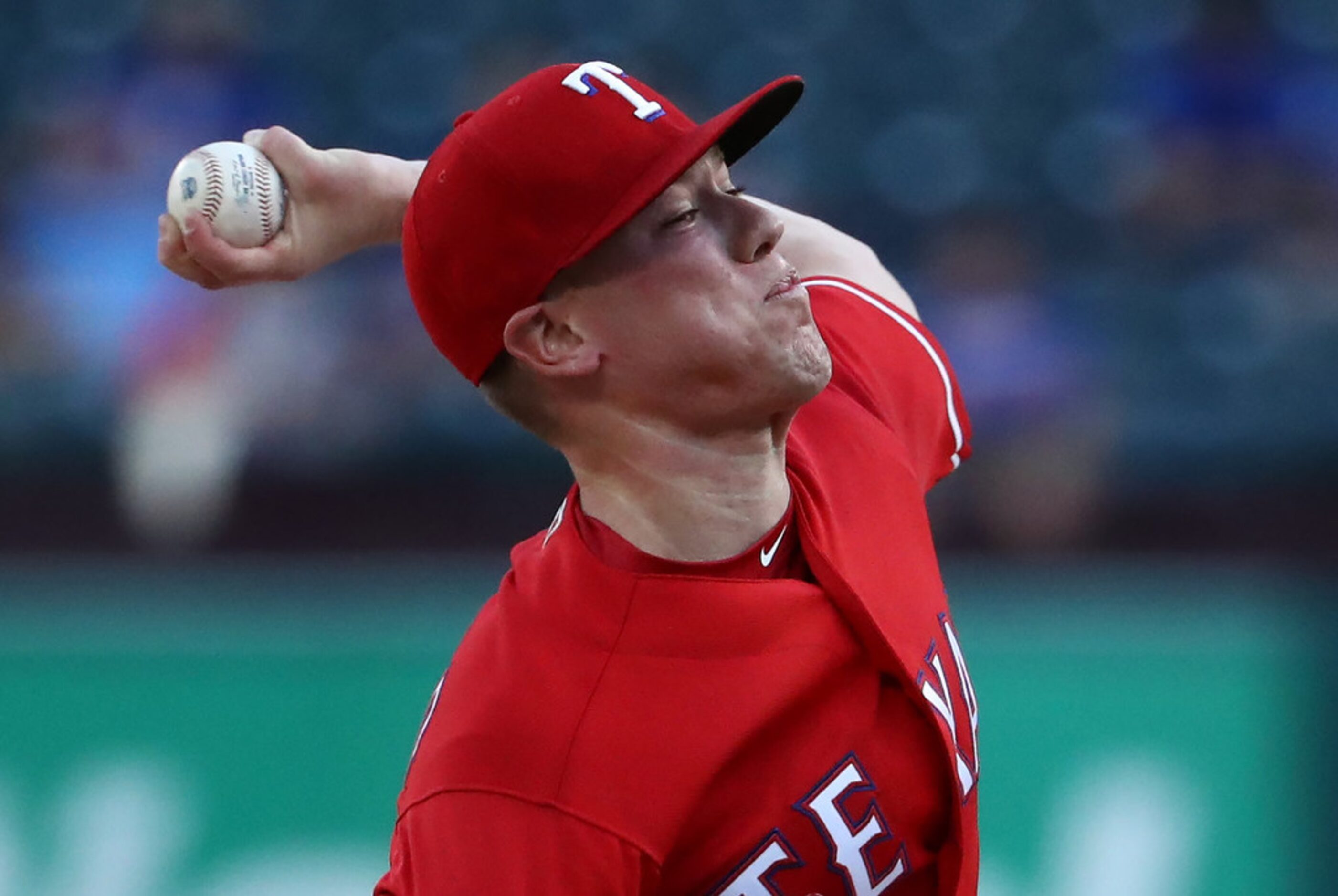 ARLINGTON, TEXAS - AUGUST 19:  Kolby Allard #39 of the Texas Rangers throws against the Los...