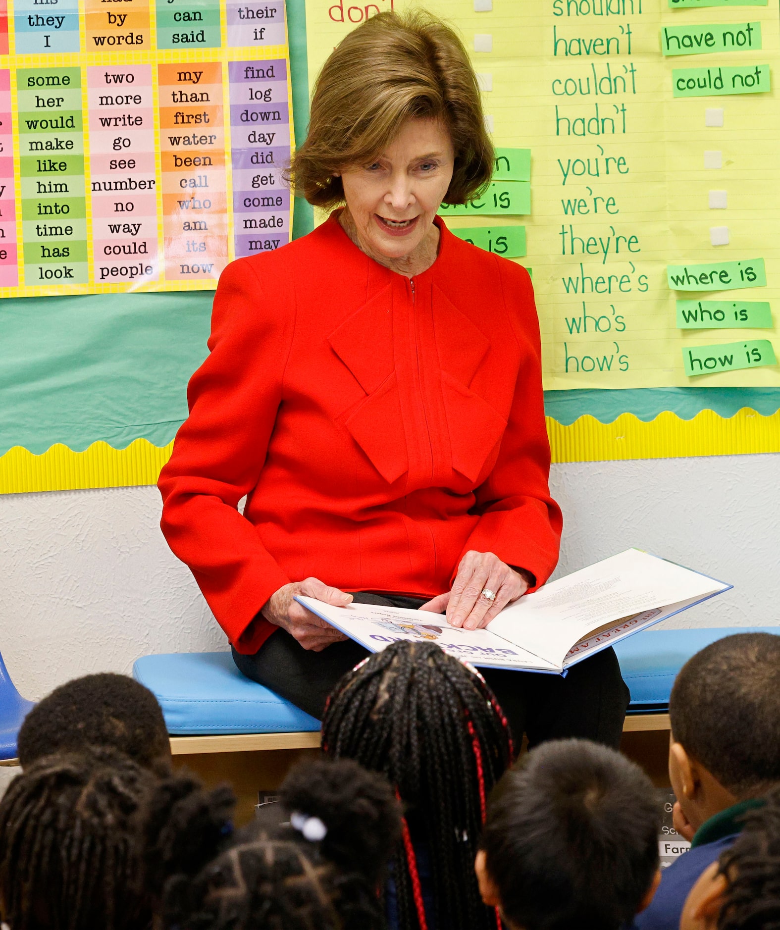 Former first lady Laura Bush reads "Our Great Big Backyard,” a children's book by Bush and...