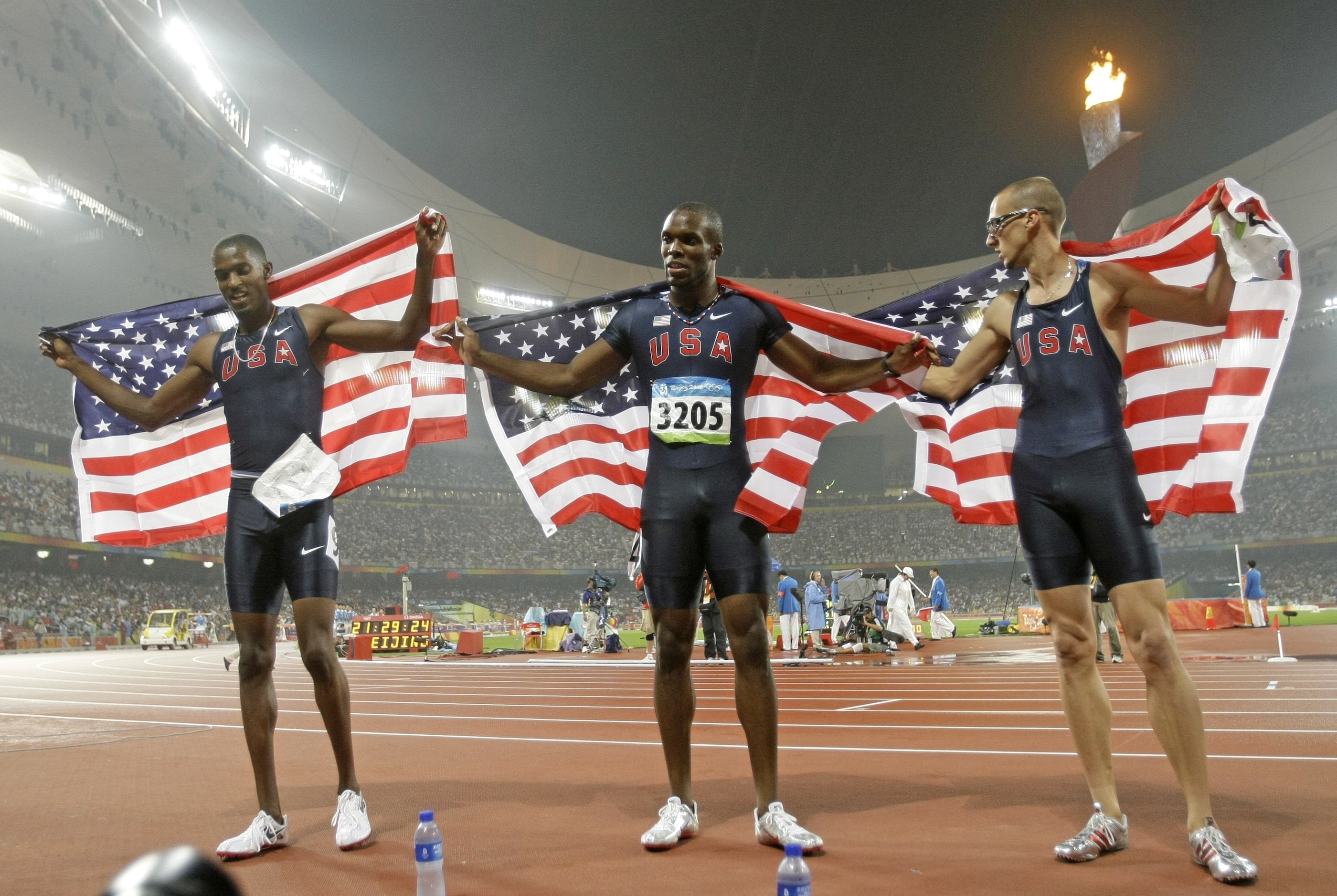 2008 Beijing Olympics: USA runners sweep the Men's 400 meters at the National Stadium  in...