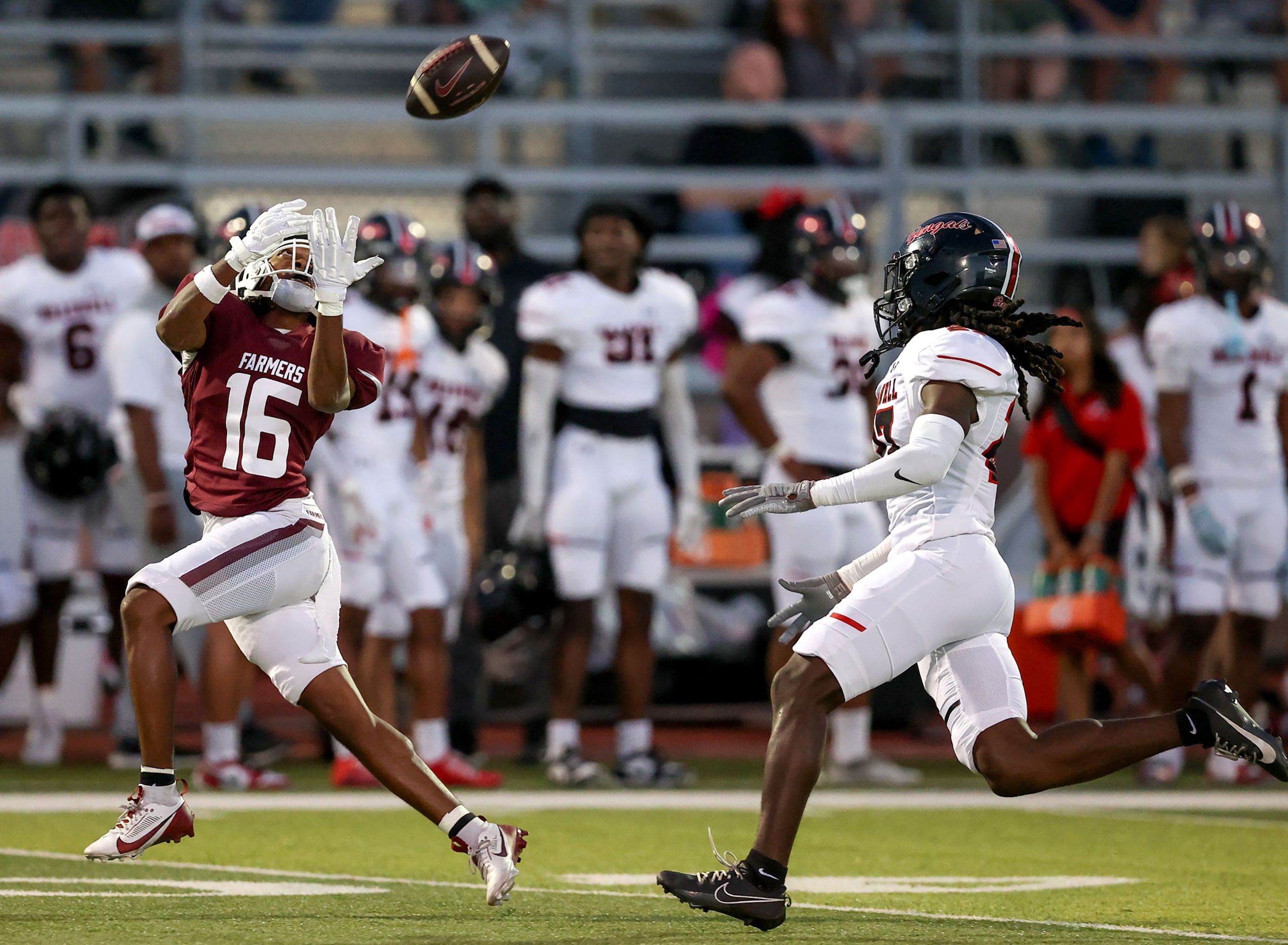 Lewisville wide receiver JT Thomas (16) comes up with a 73 yard touchdown reception against...