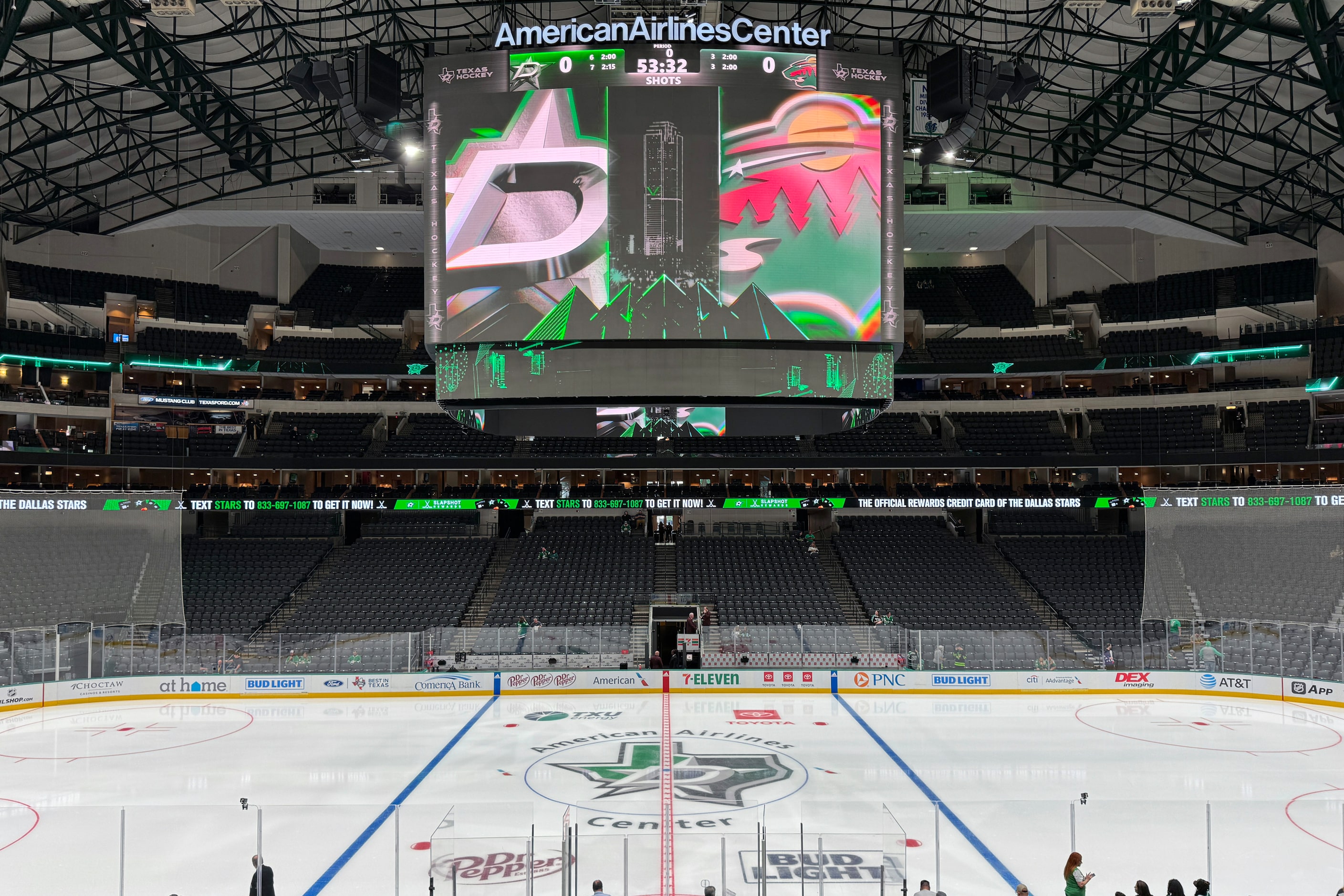 The new video board is seen at the American Airlines Center before an NHL preseason game,...