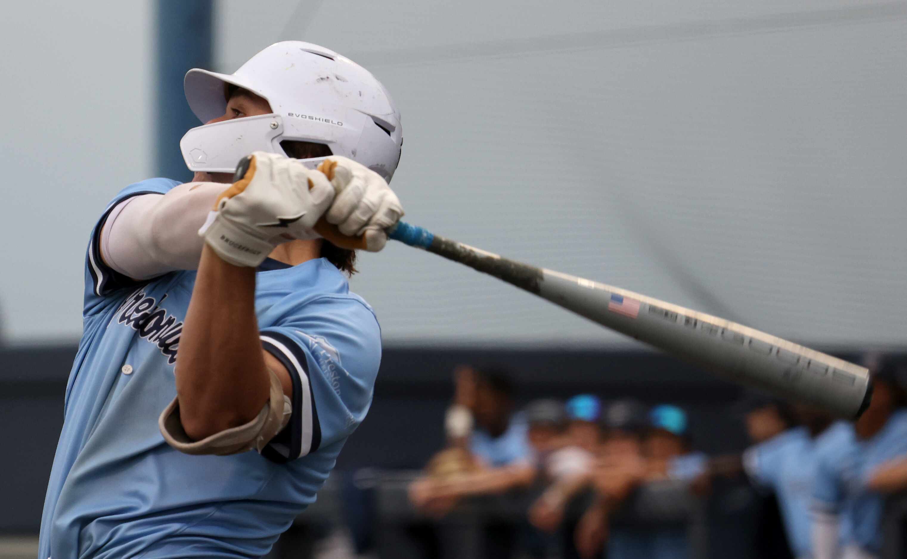 Prestonwood Christian Academy catcher AJ DePaolo (11) watches his long drive sail past the...