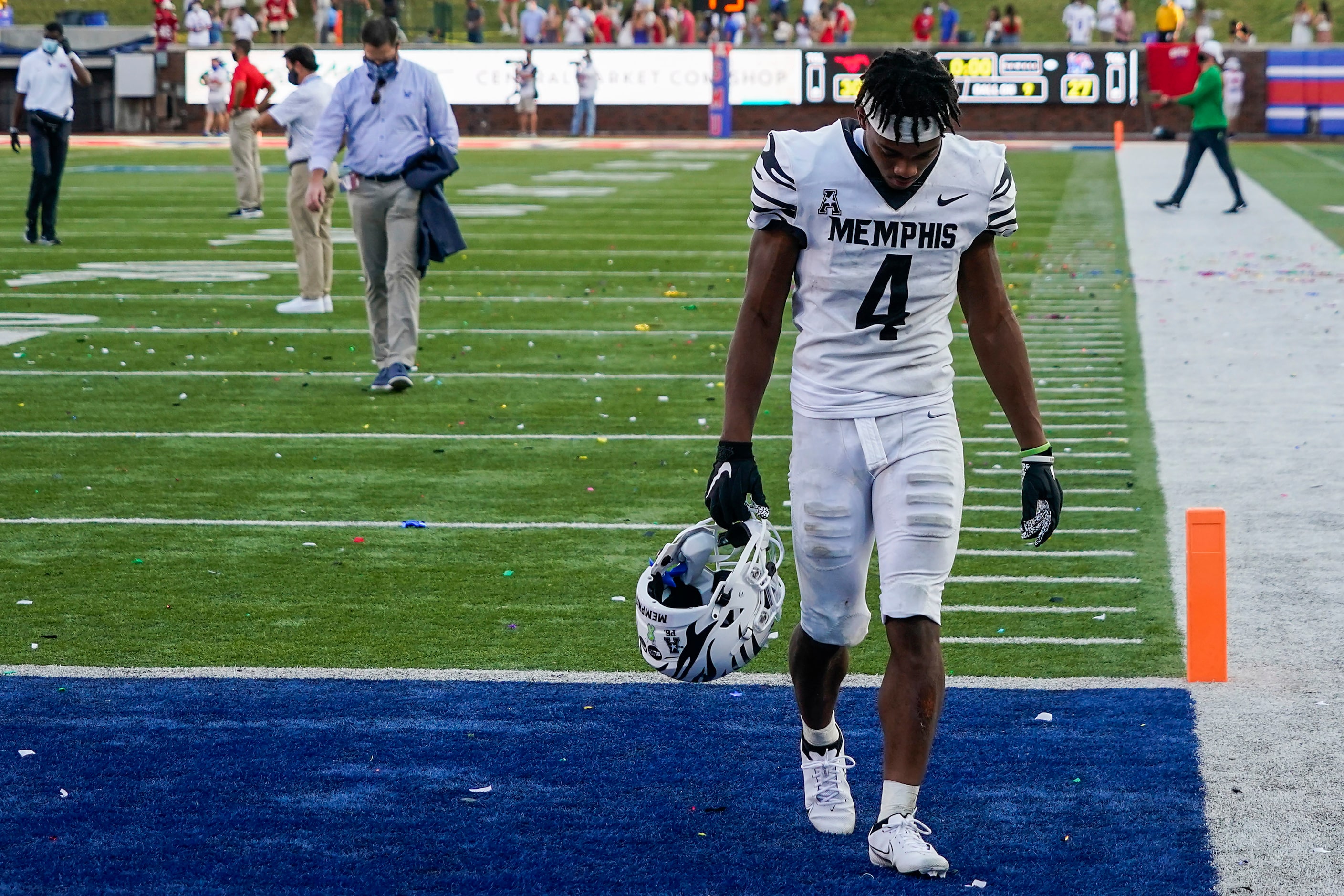 Memphis wide receiver Calvin Austin III walks off the field following a 30-27 loss to SMU in...