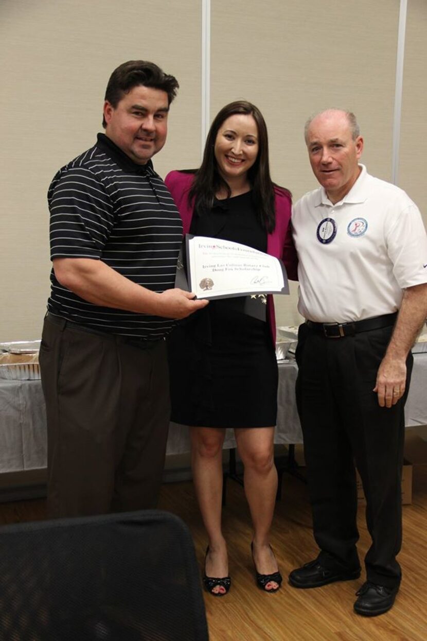 
Doug Fox (left) was honored by Crystal Scanio and Bob Bourgeois at a recent Irving-Las...