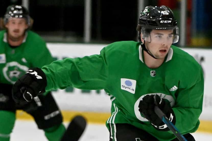 Mavrik Bourque (45) skates up ice during Dallas Stars development camp, Saturday, Sept. 11,...