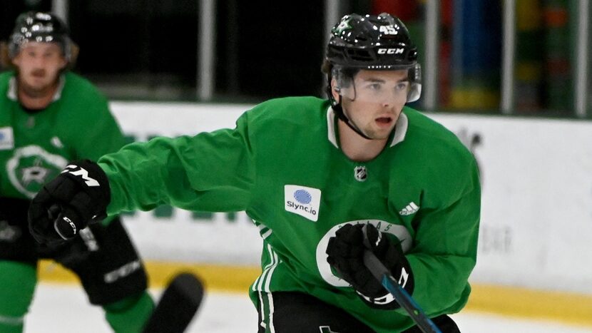  Mavrik Bourque (45) skates up ice during Dallas Stars development camp, Saturday, Sept. 11,...